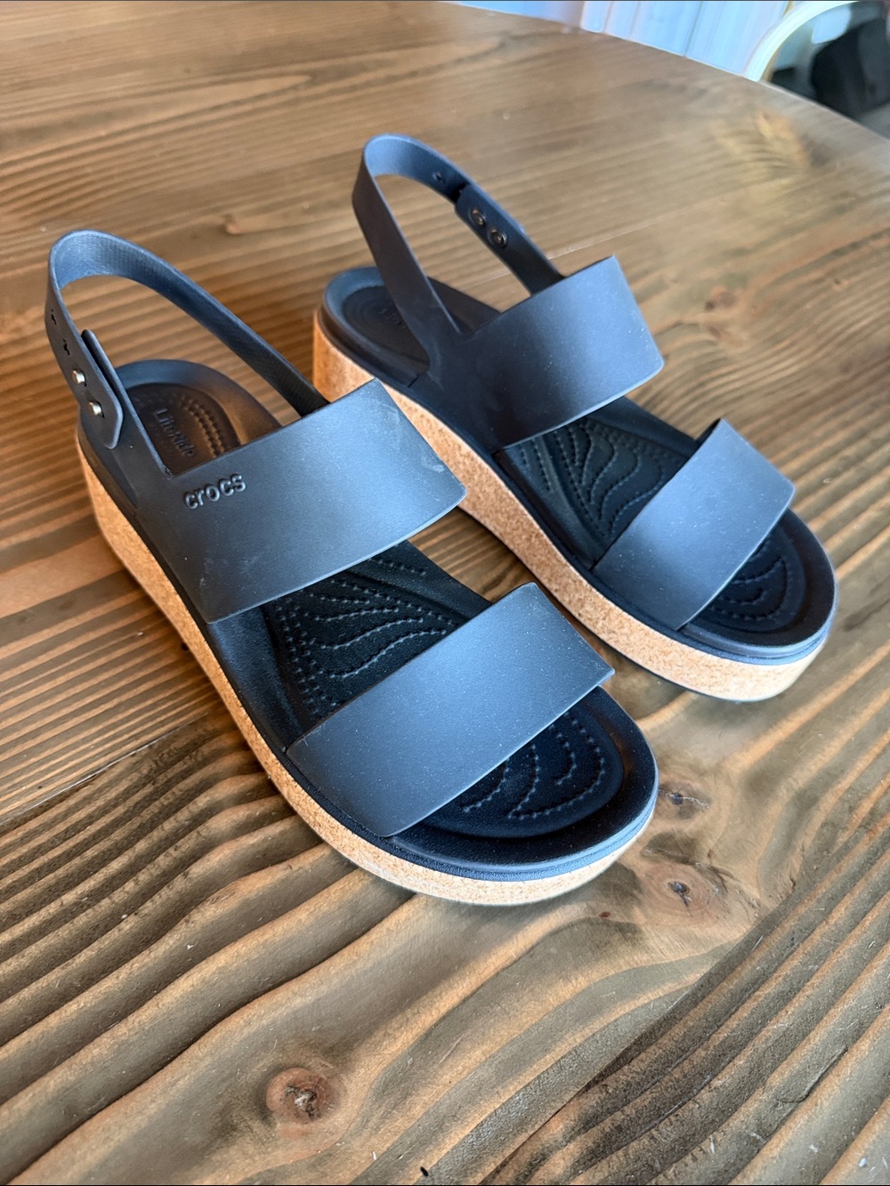 CROCS Black Platform Wedge Sandals with Cork-Effect Sole